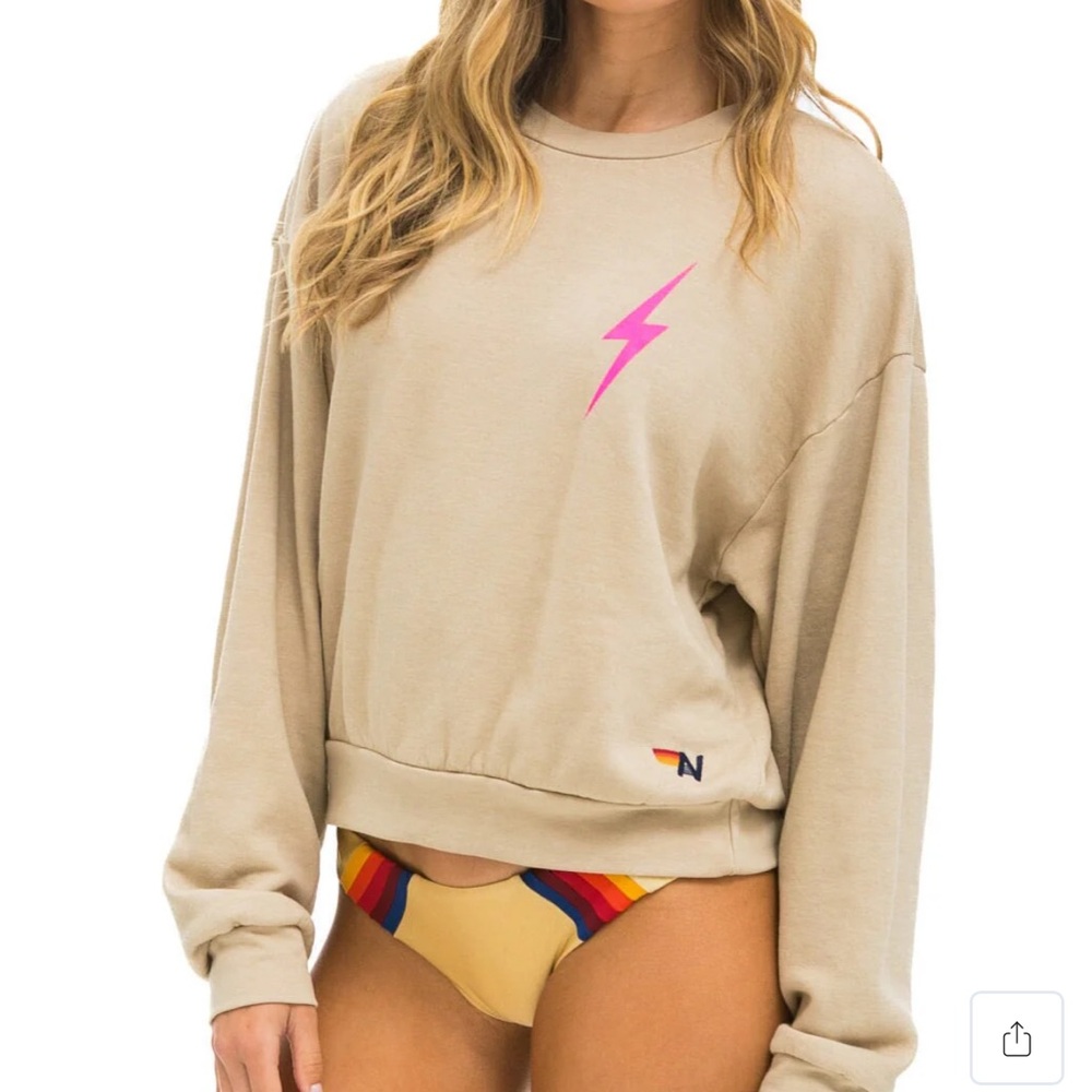 Aviator Nation Tan Sweatshirt with Pink Lightning Bolt